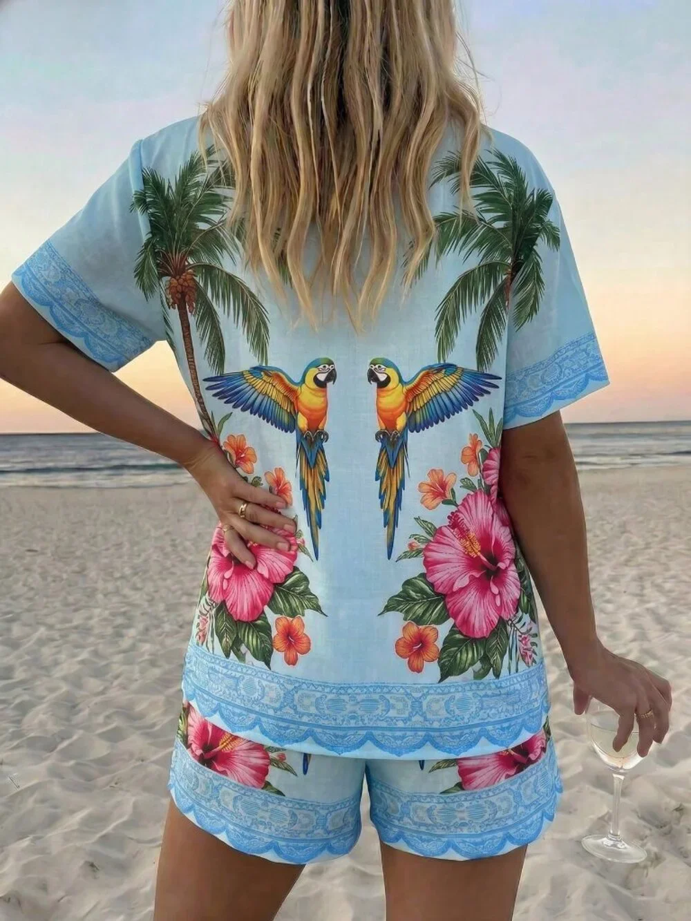 Baby Blue Boho Women's Casual Coconut Tree Floral Print Top and Shorts Set
